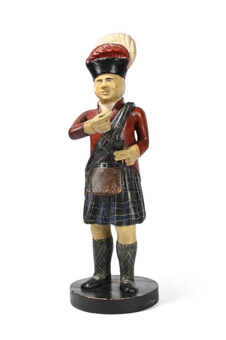 A TOBACCONIST'S POLYCHROME DECORATED CARVED WOOD SHOP 'HIGHLANDER' FIGURE, 20TH CENTURY (1 of 3)