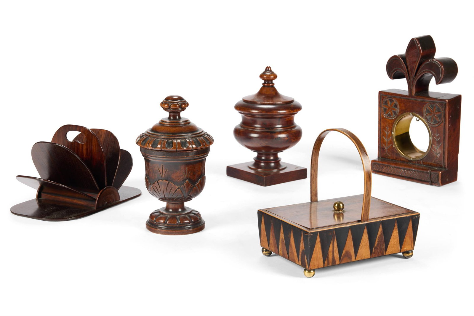Y A COLLECTION OF FIVE TREEN OBJECTS 18TH AND 19TH CENTURY Including a Victorian turned oak tobacco (1 of 2)
