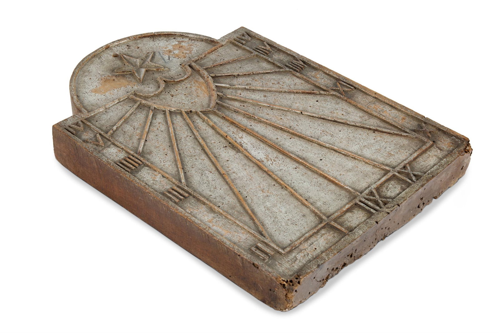 A CARVED AND PAINTED WOOD WALL MOUNTED SUN DIAL, POSSIBLY FRENCH, EARLY 19TH CENTURY: A CARVED AND PAINTED WOOD WALL MOUNTED SUN DIAL POSSIBLY FRENCH, EARLY 19TH CENTURY 48cm high, 33cm wide Provenance: Acquired from A & E Foster Ltd, 1991