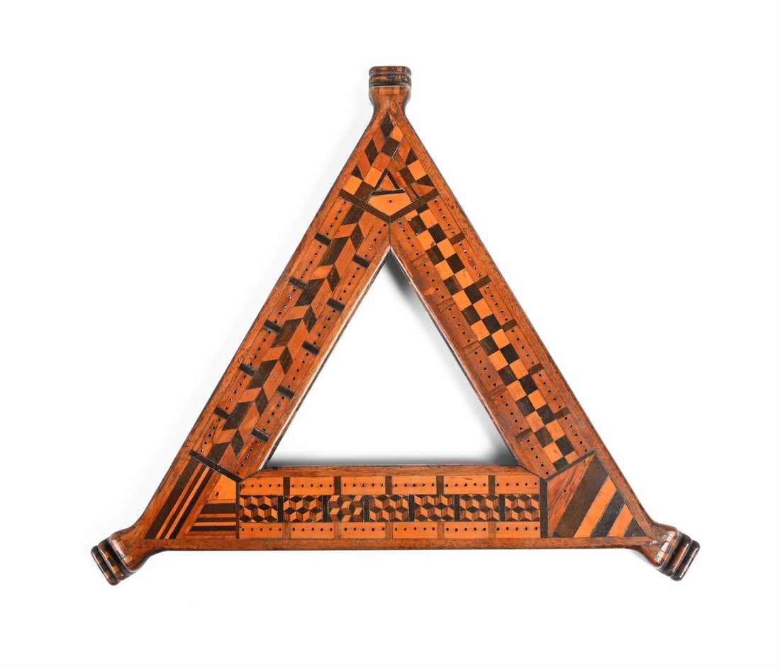 Y AN INLAID MAHOGANY TRIANGULAR CRIBBAGE BOARD, 19TH CENTURY (1 of 1)