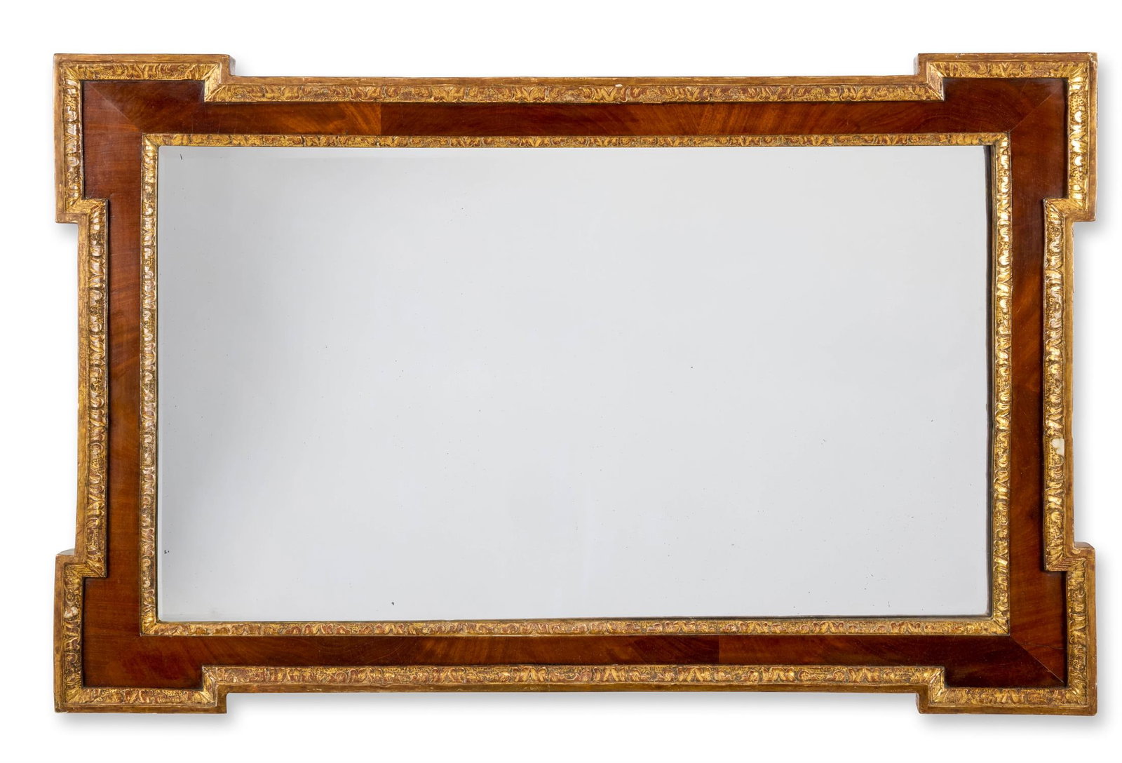 A WALNUT AND PARCEL GILT MIRROR, OF GEORGE II STYLE, EARLY 20TH CENTURY (1 of 2)