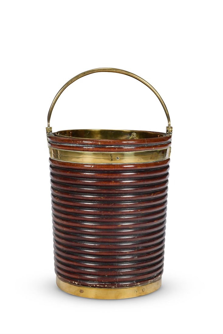 AN IRISH GEORGE III BRASS BOUND MAHOGANY PEAT BUCKET, PROBABLY EARLY 19TH CENTURY (1 of 2)