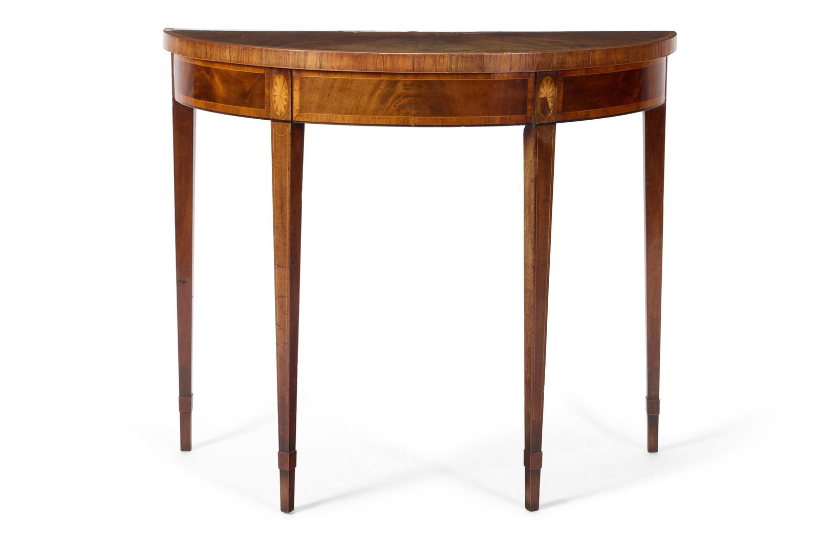 A GEORGE III MAHOGANY AND MARQUETRY SEMI ELLIPTICAL SIDE TABLE: A GEORGE III MAHOGANY AND MARQUETRY SEMI ELLIPTICAL SIDE TABLEWith tulipwood crossbanding and an inlaid fan to the top on square tapering legs headed by oval paterae82cm high, 97cm wide, 49cm deepProv