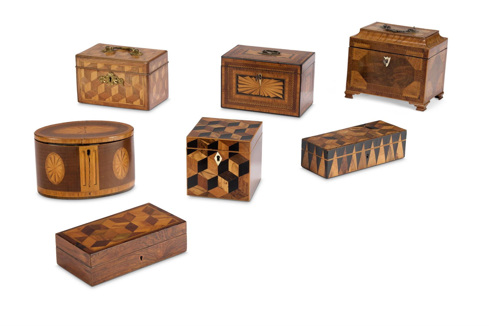 Y A COLLECTION OF SEVEN PARQUETRY AND INLAID SPECIMEN WOOD TEA CADDIES AND BOXES (1 of 2)