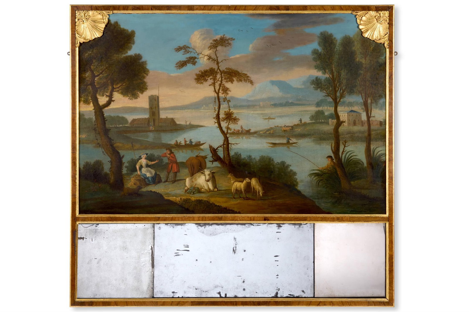 A WALNUT AND PARCEL GILT TRUMEAU MIRROR, 19TH CENTURY: A WALNUT AND PARCEL GILT TRUMEAU MIRROR19TH CENTURYThe lower section with three bevelled plates, in a cross-grained surround, the upper spandrels in the form of scallop-shells115cm high, 125cm wide In