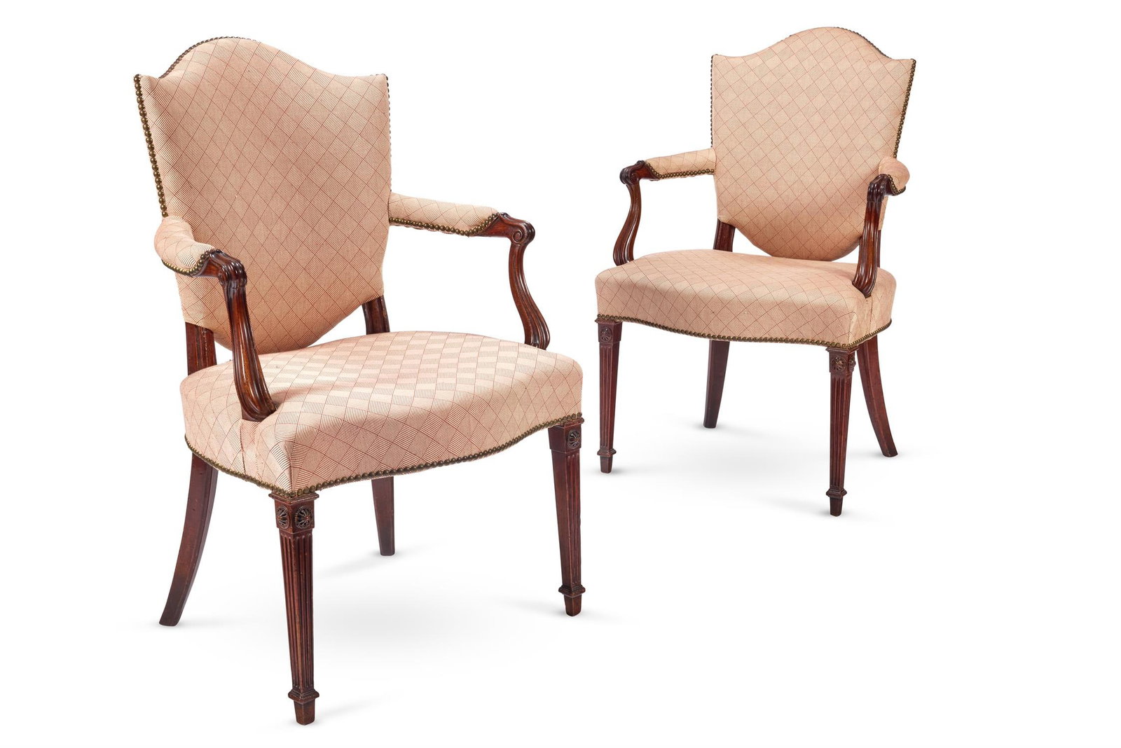 A PAIR OF GEORGE III MAHOGANY AND UPHOLSTERED ARMCHAIRS, CIRCA 1800 (1 of 3)