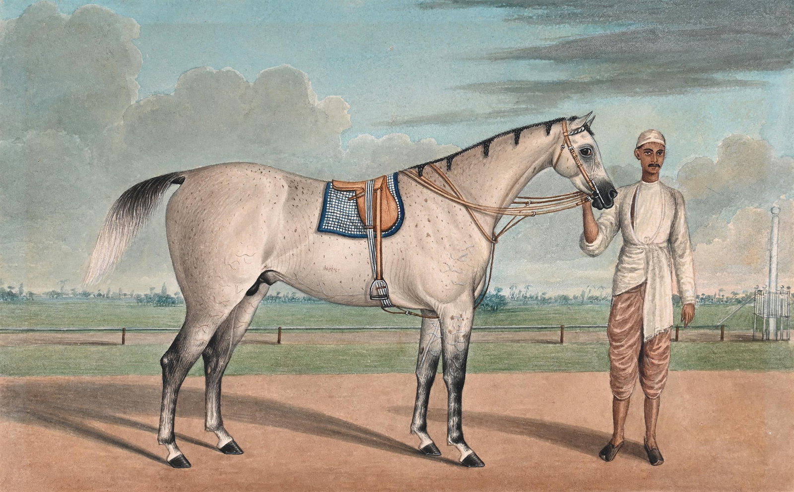 STUDIO OF SHAIKH MUHAMMAD AMIR OF KARRAYA (FL. 1830-1850), A WHITE STALLION WITH A GROOM (1 of 6)