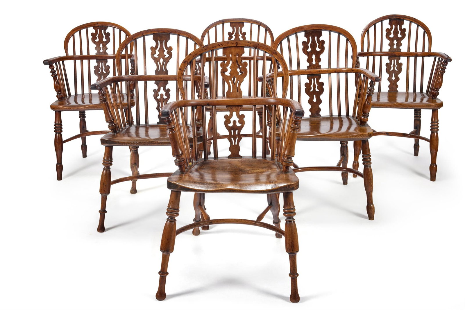 A HARLEQUIN SET OF SIX YEW AND MIXED WOOD THAMES VALLEY ARMCHAIRS, CIRCA 1835 (1 of 3)