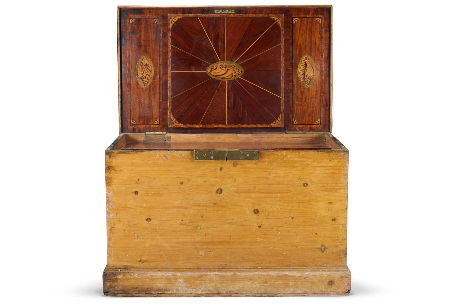 A BRASS AND IRON-MOUNTED DEAL, MAHOGANY AND MARQUETRY CABINET MAKER'S TOOL CHEST, 19TH CENTURY (1 of 7)