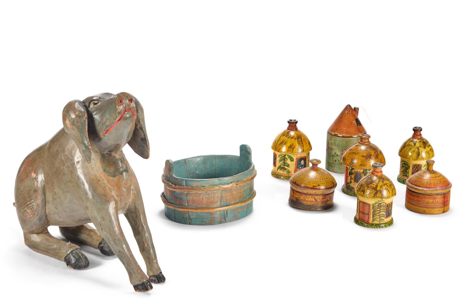 A COLLECTION OF PAINTED TREEN MONEY AND STRING BOXES, 19TH CENTURY: A COLLECTION OF PAINTED TREEN MONEY AND STRING BOXES 19TH CENTURY Modelled as five cottages, one dated 1868 tallest approximately 14cm high Together with Scandinavian painted oval container, 18cm wide