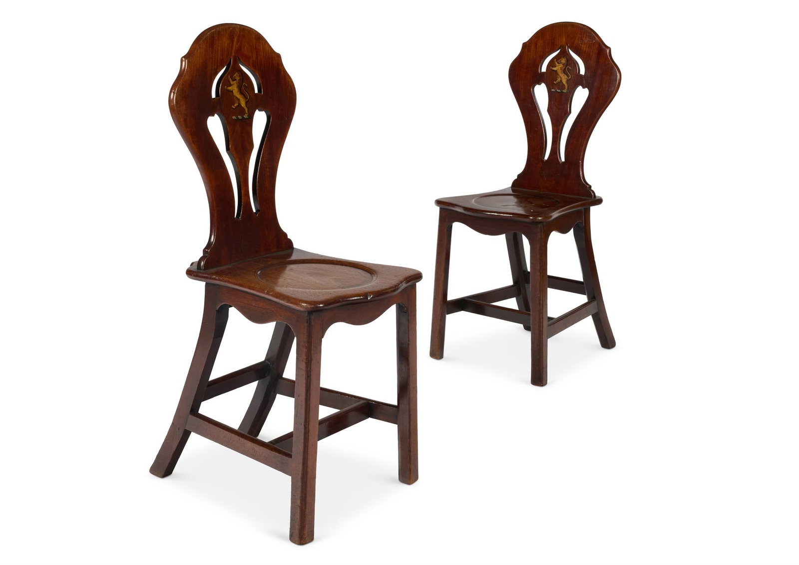 A PAIR OF GEORGE II MAHOGANY HALL CHAIRS, MID 18TH CENTURY (1 of 3)