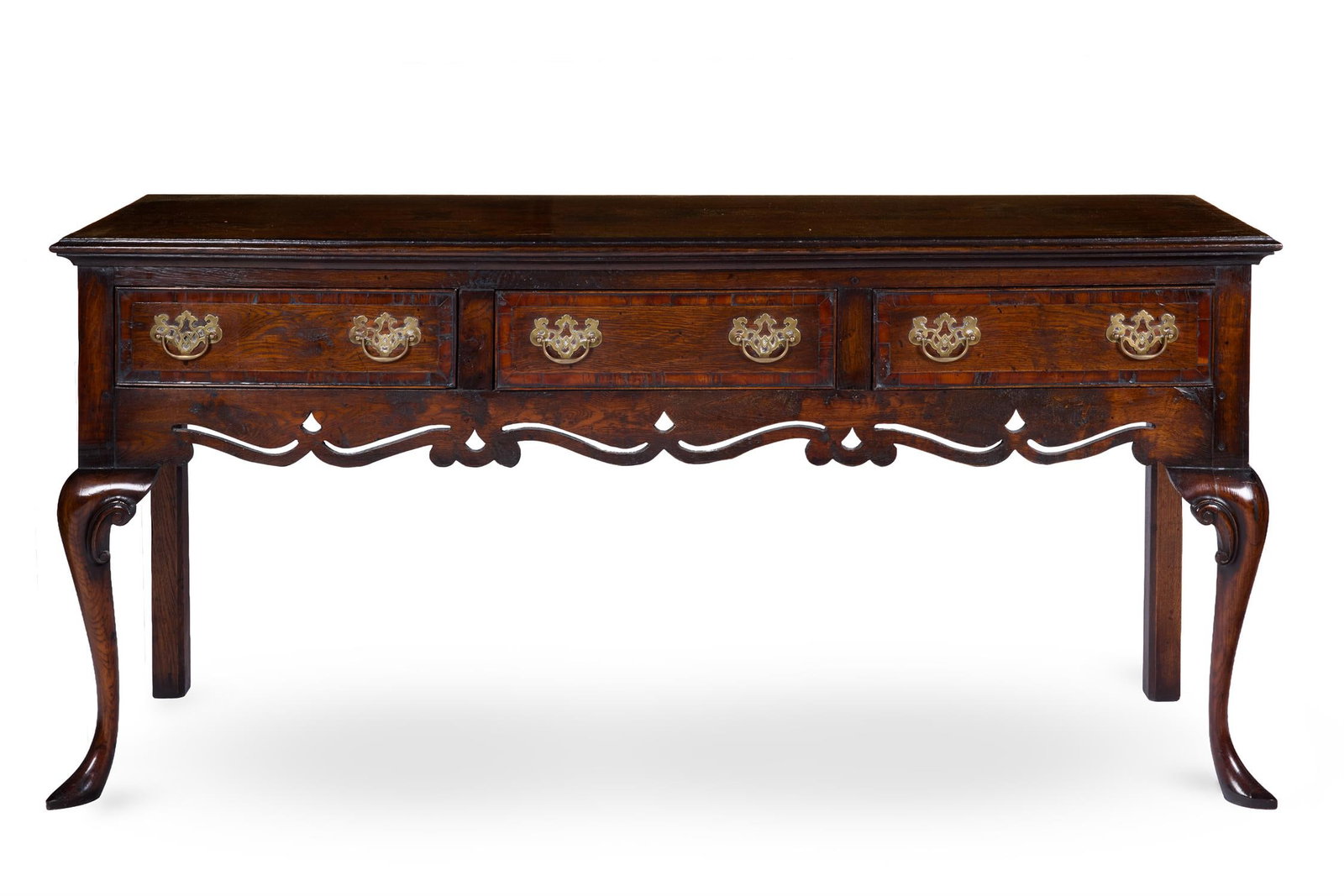 AN OAK AND YEW CROSSBANDED DRESSER, OF MID 18TH CENTURY STYLE: AN OAK AND YEW CROSSBANDED DRESSER OF MID-18TH CENTURY STYLEThe moulded top above three drawers and a shaped pierced apron on C-scroll carved cabriole legs with pointed pad feet81cm high, 172cm wide,