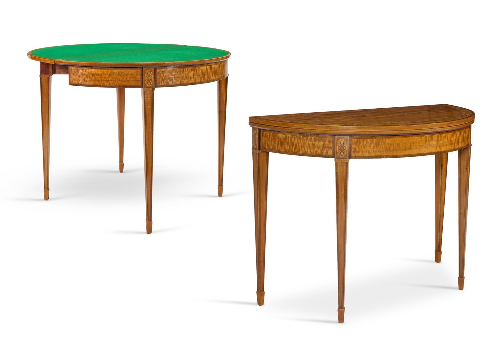 A PAIR OF GEORGE III SATINWOOD, AMARANTH AND MARQUETRY DEMI-LUNE CARD TABLES, CIRCA 1780 (1 of 3)