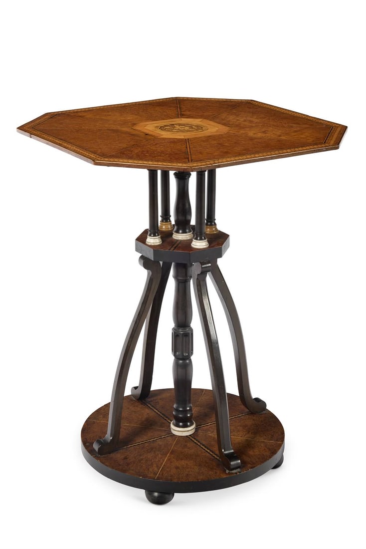 Y A VICTORIAN YEW, STAINED PEARWOOD AND MARQUETRY OCTAGONAL TOPPED OCCASIONAL TABLE, 19TH CENTURY (1 of 1)