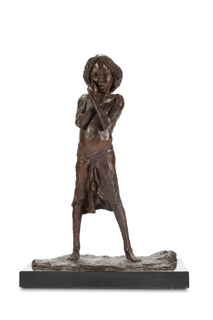λ JONATHAN KENWORTHY (BRITISH B. 1943), GABRA GIRL WIPING HER EYE: λ JONATHAN KENWORTHY (BRITISH B.1943)GABRA GIRL WIPING HER EYEBronze on a marble baseSigned, dated 77 and numbered 2/526 x 17.5 x 10cm (10 x 6¾ x 3¾in.)Cast in 1976.Provenance:The Tryon