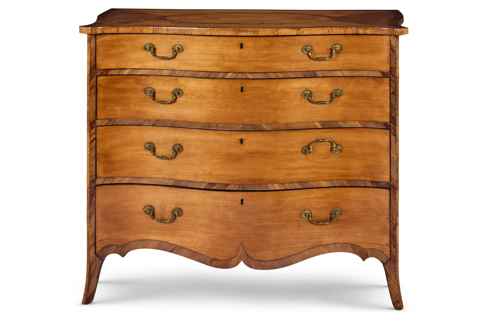 A GEORGE III SYCAMORE AND GONCALO ALVES COMMODE, ATTRIBUTED TO JOHN COBB, LATE 18TH CENTURY (1 of 2)