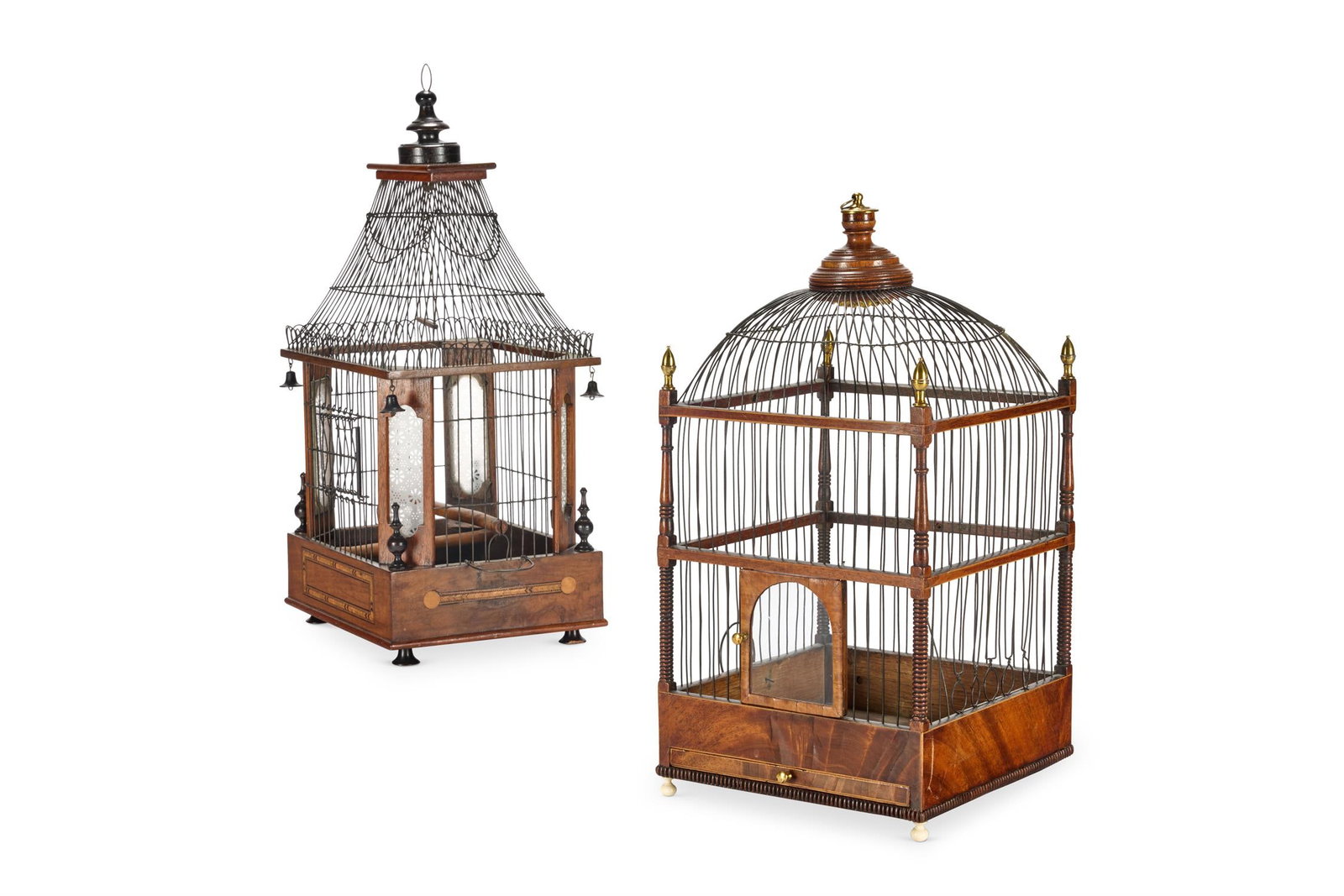 Y TWO INLAID MAHOGANY AND WIREWORK BIRDCAGES, EARLY 19TH CENTURY (1 of 2)