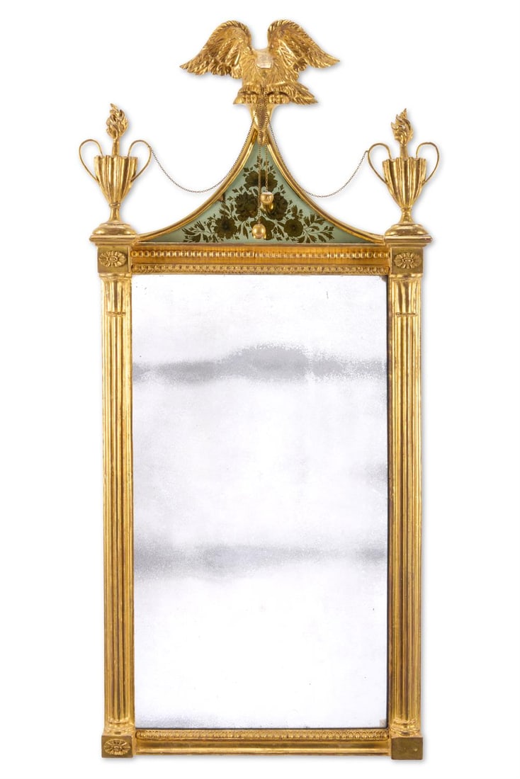 A REGENCY GILTWOOD AND VERRE EGLOMISE PIER MIRROR, EARLY 19TH CENTURY (1 of 2)