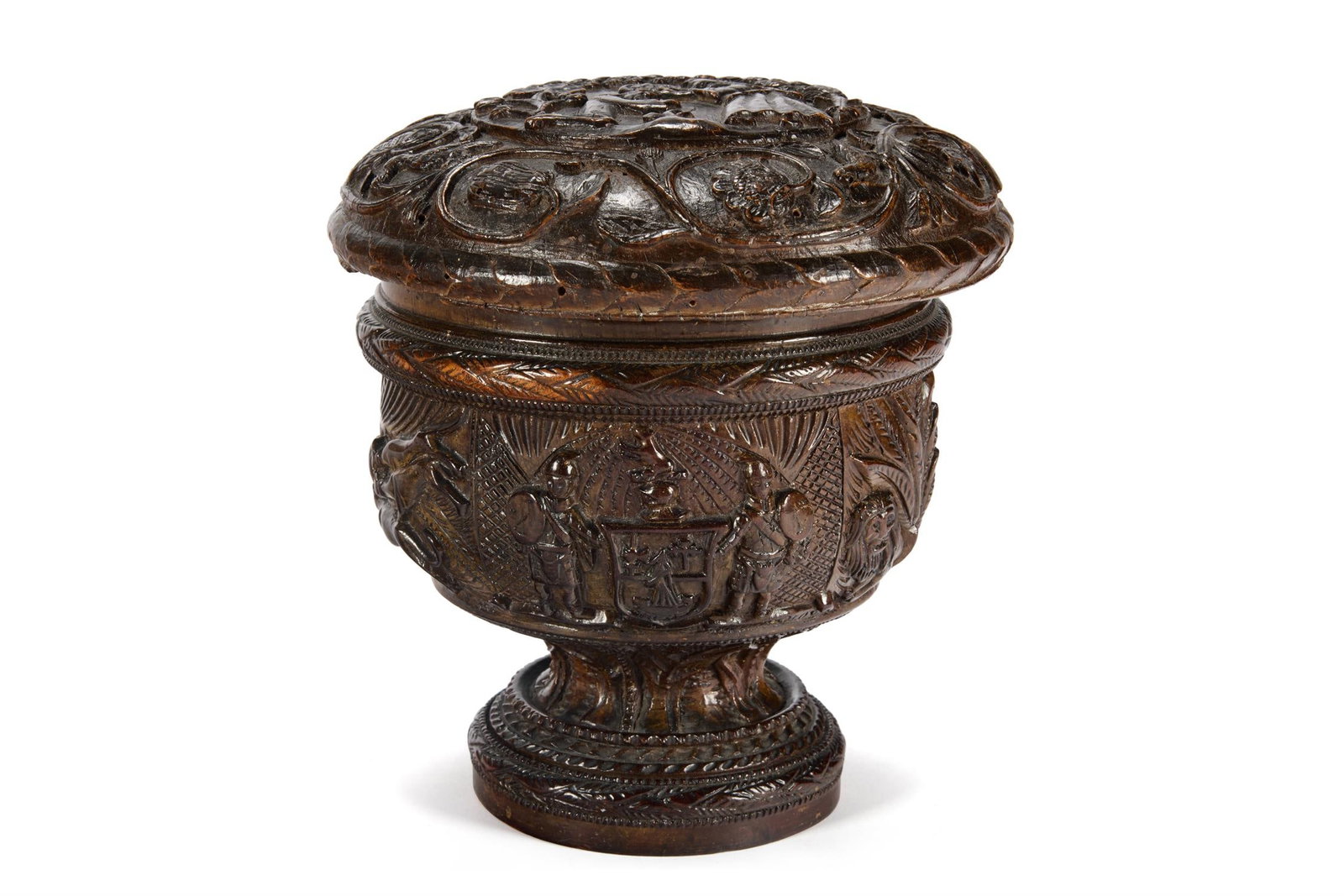 A CARVED TREEN MACPHERSON CLAN ARMORIAL CUP, 19TH CENTURY (1 of 2)