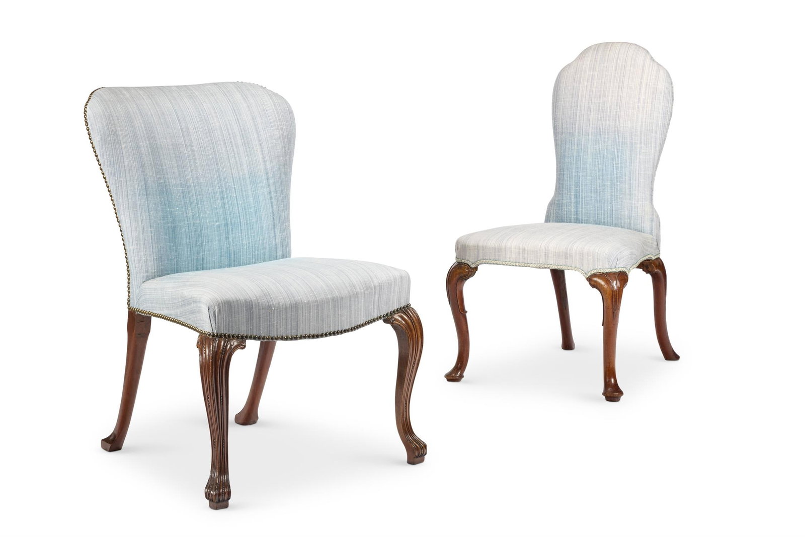 λ A GEORGE II WALNUT SIDE CHAIR, CIRCA 1730: λ A GEORGE II WALNUT SIDE CHAIRCIRCA 1730With a shaped padded back, cabriole legs and pad feet98cm high, 56cm wide, 65cm deep Together with a George III mahogany side chair with a broad, slightly