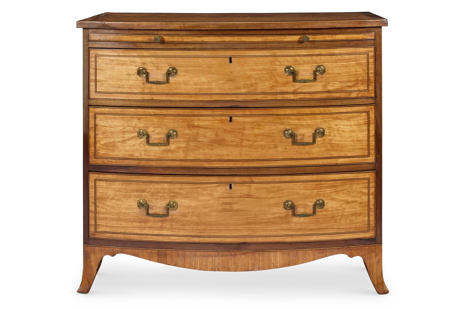 A GEORGE III SATINWOOD AND STAINED SYCAMORE BOWFRONT CHEST, CIRCA 1790, IN THE MANNER OF GILLOWS (1 of 3)