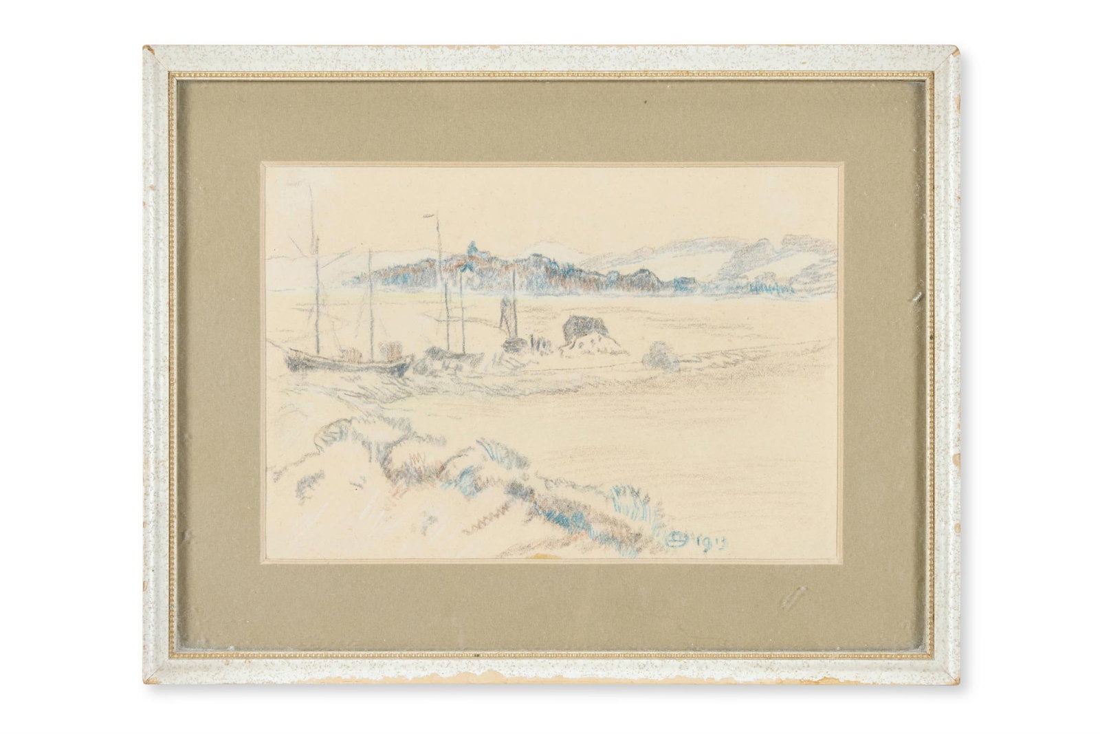 LUCIEN PISSARRO (FRENCH 1863-1944), ESTUARY LANDSCAPE: LUCIEN PISSARRO (FRENCH 1863-1944)ESTUARY LANDSCAPEPencil and coloured crayonSigned with monogram and dated 1913 (lower right)11.5 x 17cm (4½ x 6½in.)