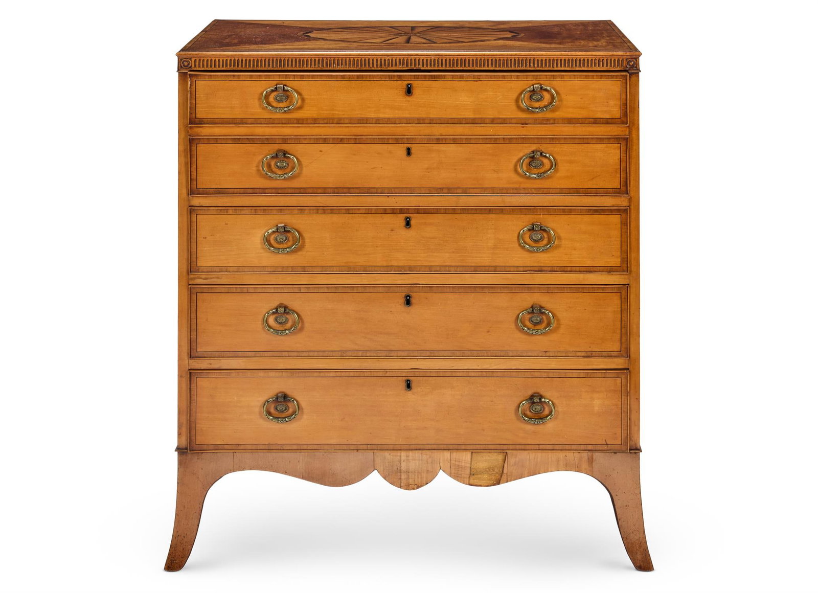 A GEORGE III SATINWOOD AND MARQUETRY SECRETAIRE CHEST, LATE 18TH CENTURY, ATTRIBUTED TO GILLOWS: A GEORGE III SATINWOOD AND MARQUETRY SECRETAIRE CHESTLATE 18TH CENTURY, ATTRIBUTED TO GILLOWSThe crossbanded top centred by an oval patera and sunflower above a fluted frieze, the fall front revealing