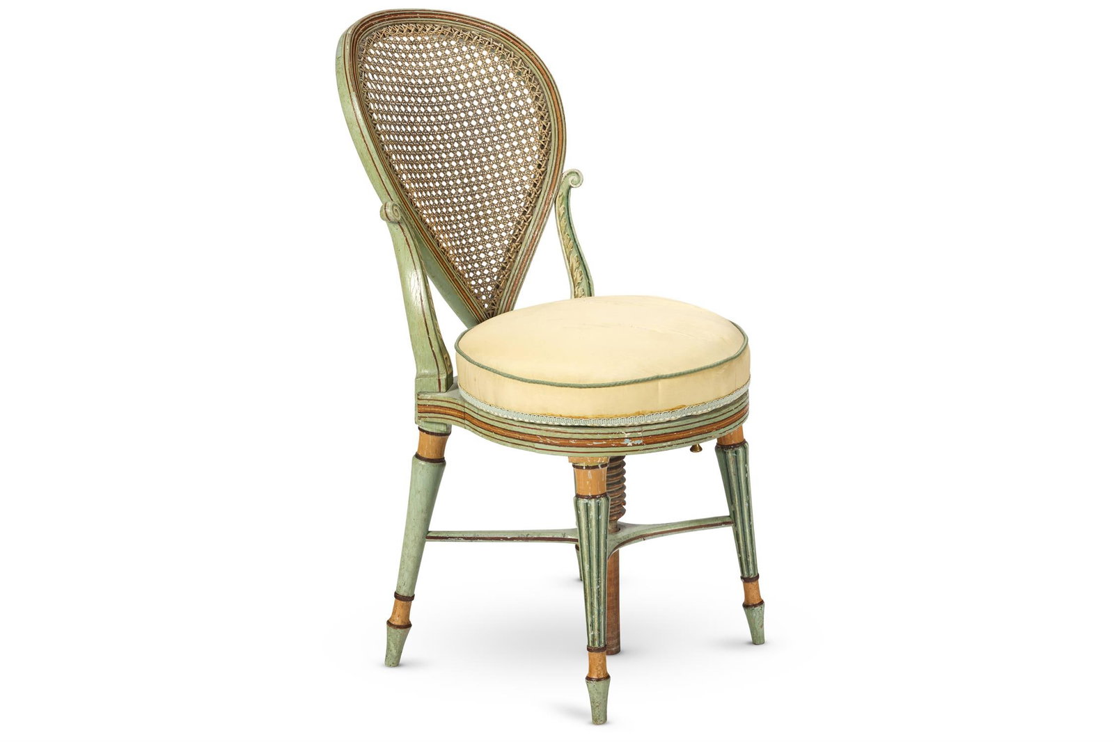 A GEORGE III PALE BLUE AND POLYCHROME PAINTED AND CANED MUSIC STOOL, CIRCA 1800: A GEORGE III PALE BLUE AND POLYCHROME PAINTED AND CANED MUSIC STOOLCIRCA 1800With a shaped back and revolving adjustable circular seat on turned tapering legs joined by shaped stretchers80cm high, 38c