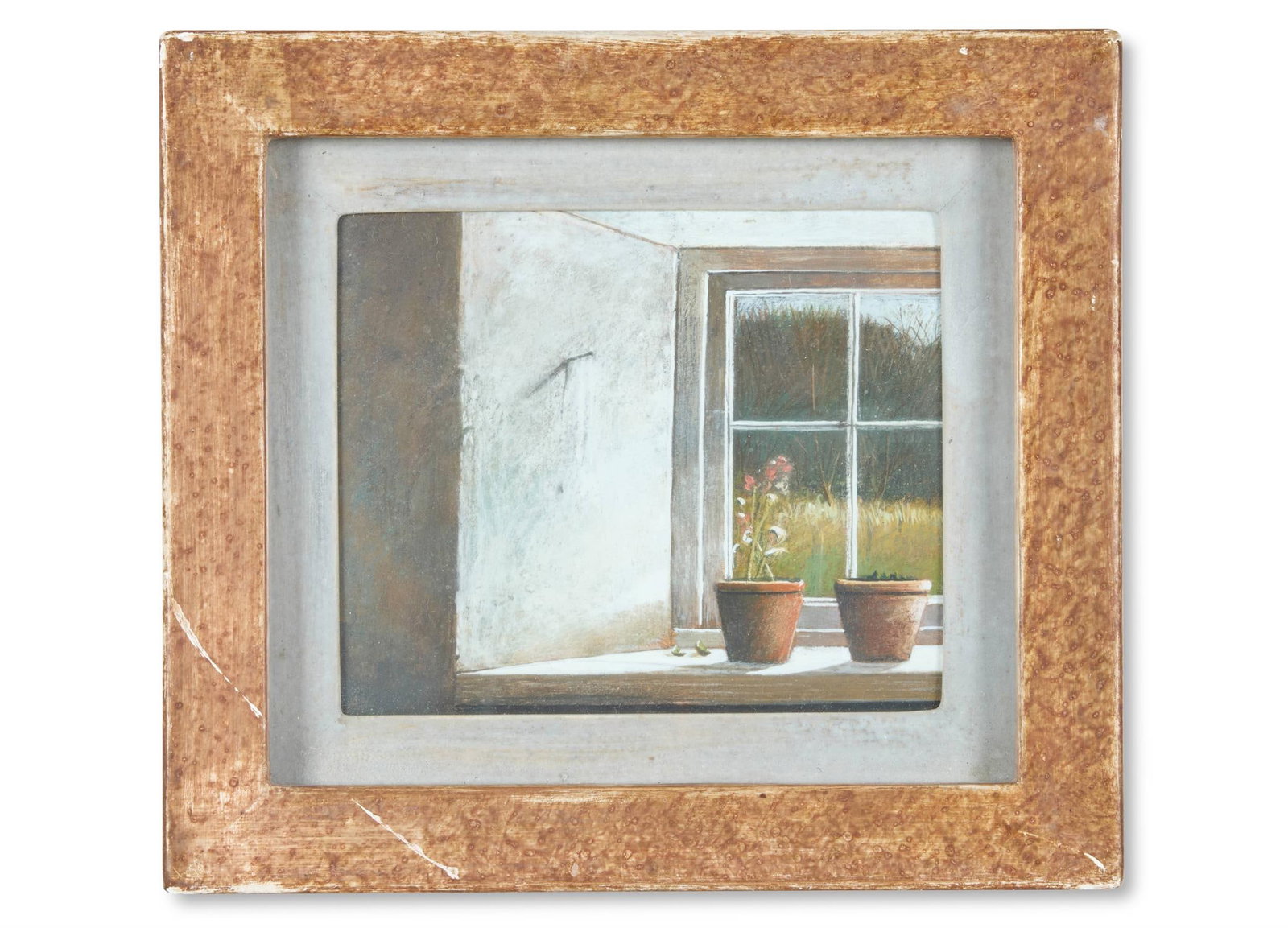 λ ANDREW HEMINGWAY (BRITISH B. 1955), FLOWER POTS ON WINDOWSILL: λ ANDREW HEMINGWAY (BRITISH B. 1955)FLOWER POTS ON WINDOWSILL Tempera on board Signed with initials (lower left)10.5 x 13cm (4 x 5in.) λ indicates that this lot may be subject to Droit de Su