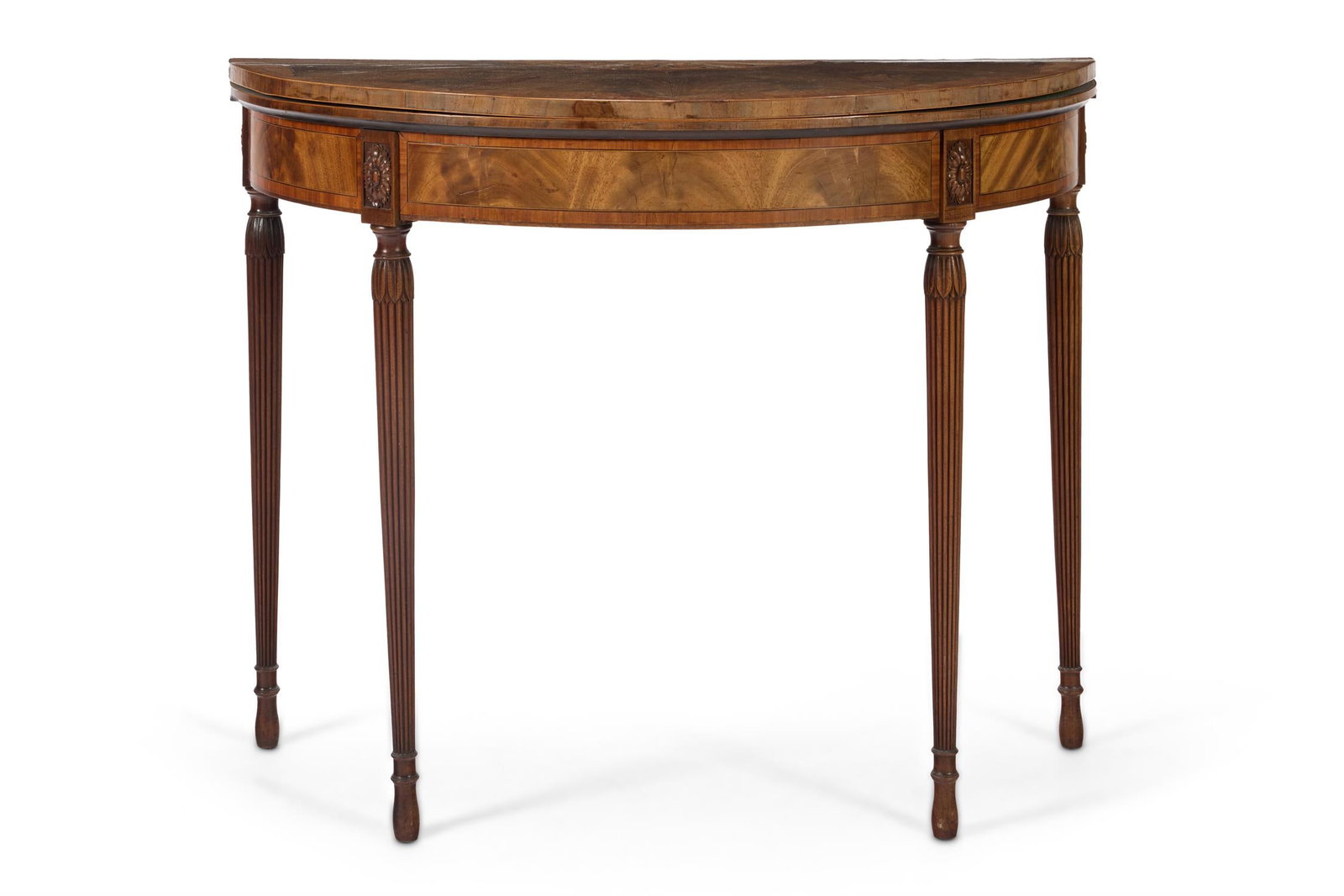 A GEORGE III DEMI-LUNE GAMES TABLECIRCA 1800, IN THE MANNER OF MAYHEW AND INCE (1 of 2)