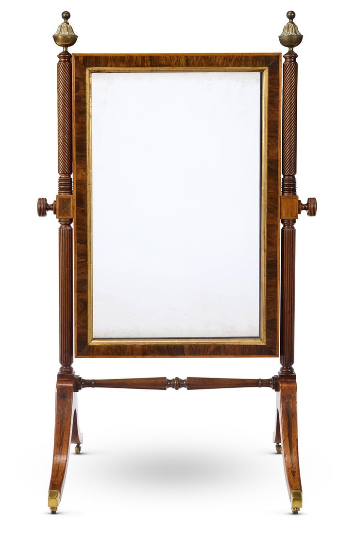 Y A REGENCY BRAZILIAN ROSEWOOD, MAHOGANY AND PARCEL GILT CHEVAL MIRROR, CIRCA 1820 (1 of 2)
