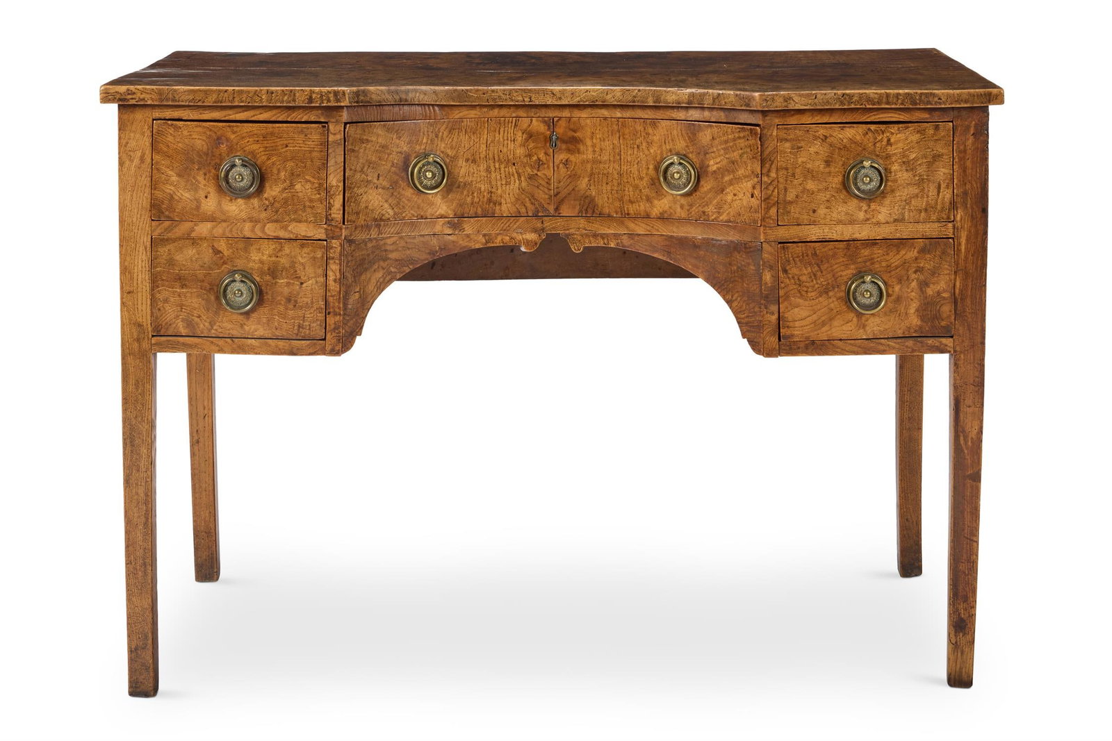 A GEORGE III ELM CONCAVE FRONTED SIDE TABLE, CIRCA 1800: A GEORGE III ELM CONCAVE FRONTED SIDE TABLECIRCA 1800With five drawers around the kneehole and square tapering legs, handles replaced76cm high, 111cm wide, 55cm deep Provenance:Acquired from Avon Anti