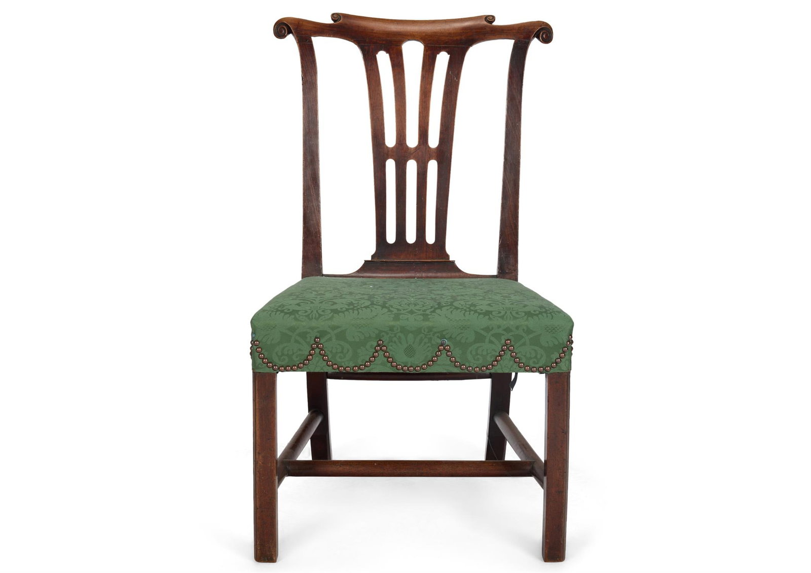 A GEORGE II MAHOGANY SIDE CHAIR, MID 18TH CENTURY: A GEORGE II MAHOGANY SIDE CHAIRMID 18TH CENTURYThe shaped and scrolled top rail above a pierced splat and a padded brass nailed seat on square chamfered legs joined by turned H-stretchers97cm high, 56