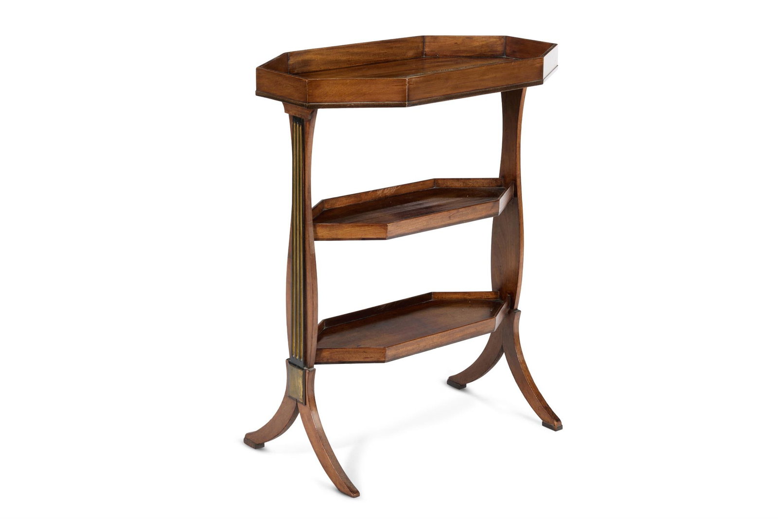 A GEORGE III MAHOGANY BRASS INLAID AND MOUNTED MAHOGANY VIDE POCHE, LATE 18TH CENTURY: A GEORGE III MAHOGANY BRASS INLAID AND MOUNTED MAHOGANY VIDE POCHELATE 18TH CENTURYOf three graduated shaped tiers on shaped and fluted standard supports and splayed feet68cm high, 55cm wide, 29cm dee