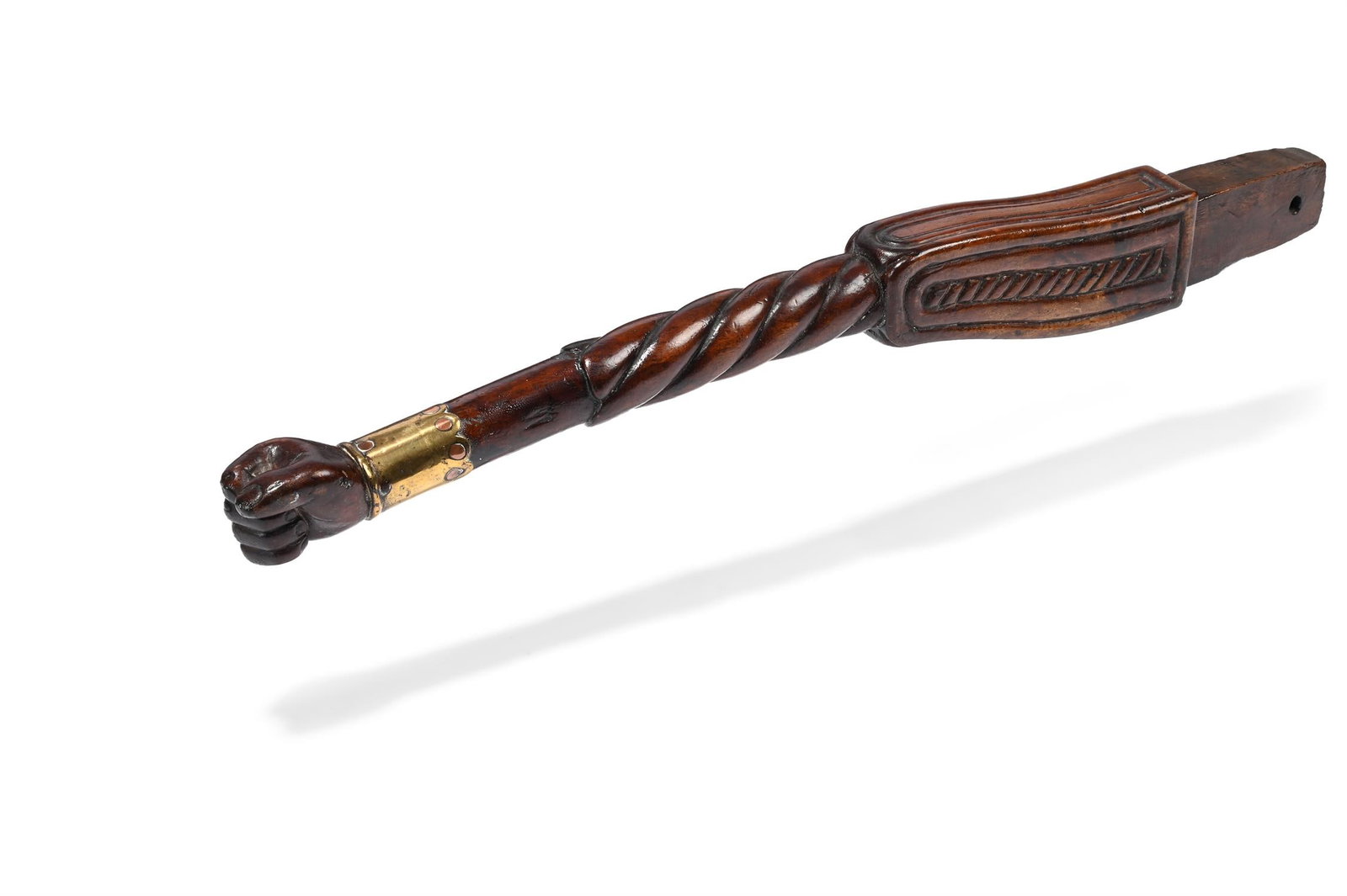 A CARVED ALDER YACHT ARM, 19TH CENTURY: A CARVED ALDER YACHT ARM19TH CENTURYWith spiral turned shaft terminating in an arm tipped by a fist and with copper-riveted brass cuff52cm long