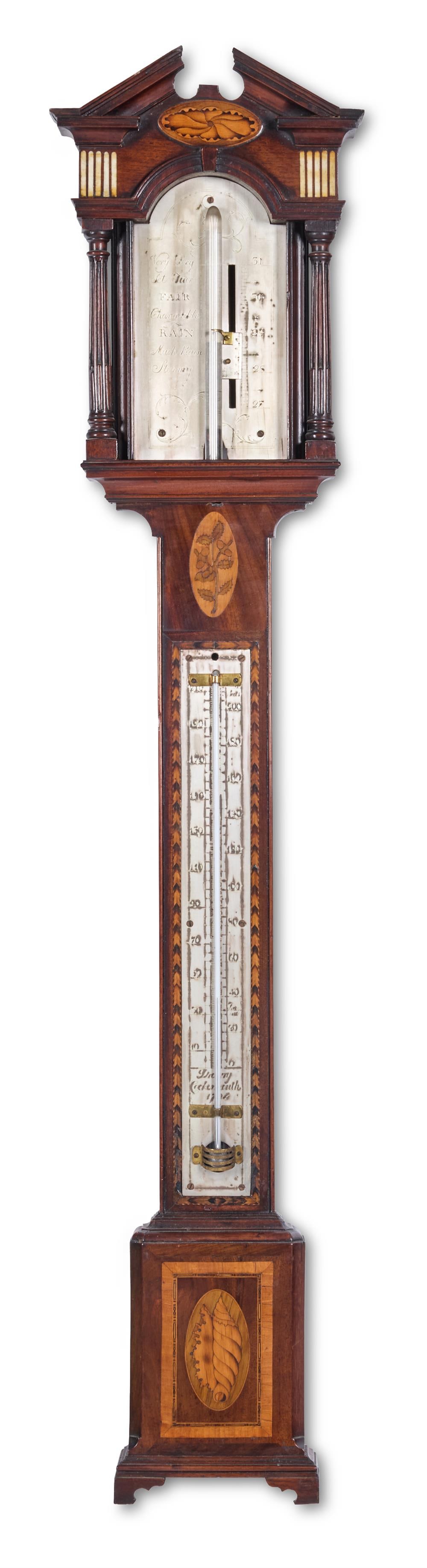 A GEORGE III INLAID MAHOGANY MERCURY STICK BAROMETER, SIGNED DRURY COCKERMOUTH, DATED 1794 (1 of 2)