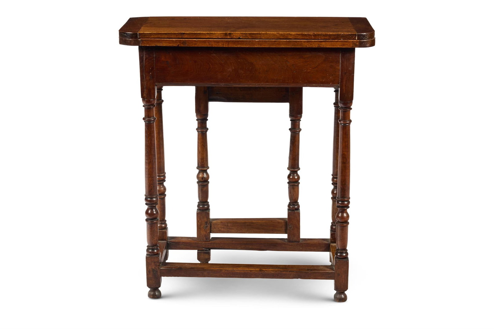 A GEORGE I WALNUT SMALL GATE LEG TABLE, CIRCA 1720: A GEORGE I WALNUT SMALL GATE LEG TABLECIRCA 1720The cleated and hinged folding top on turned and square section legs 68cm high, 60cm wide, 25cm deepProvenance: Alexander Martin