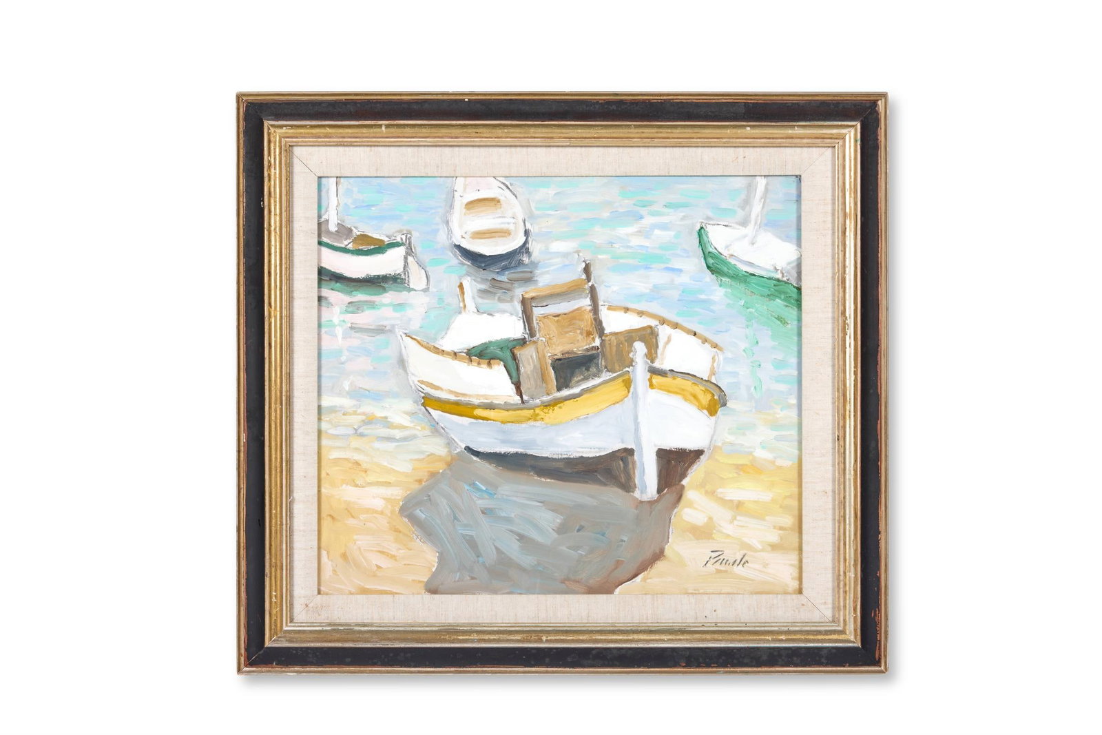 λ JOHN PAWLE (BRITISH 1915-2010), BOATS, CONCARNEAU: λ JOHN PAWLE (BRITISH 1915-2010)BOATS, CONCARNEAUOil on board Signed (lower right); further signed, titled and dated 96 (verso)35.5 x 40.5cm (13¾ x 15¾in.)Provenance:Portland Gallery, L