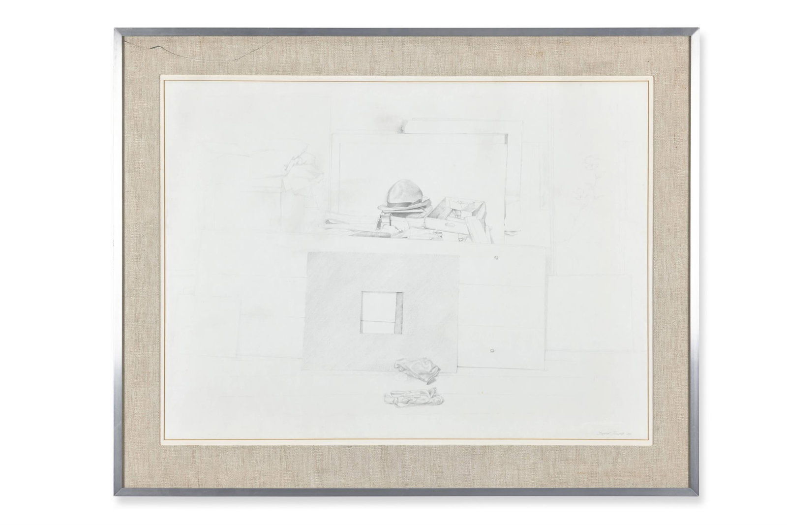 λ DAVID TINDLE (BRITISH B. 1932), STILL LIFE WITH HAT: λ DAVID TINDLE (BRITISH B. 1932)STILL LIFE WITH HATPencilSigned and dated 74 (lower right)54 x 73cm (21¼ x 28½in.) λ indicates that this lot may be subject to Droit de Suite royalt