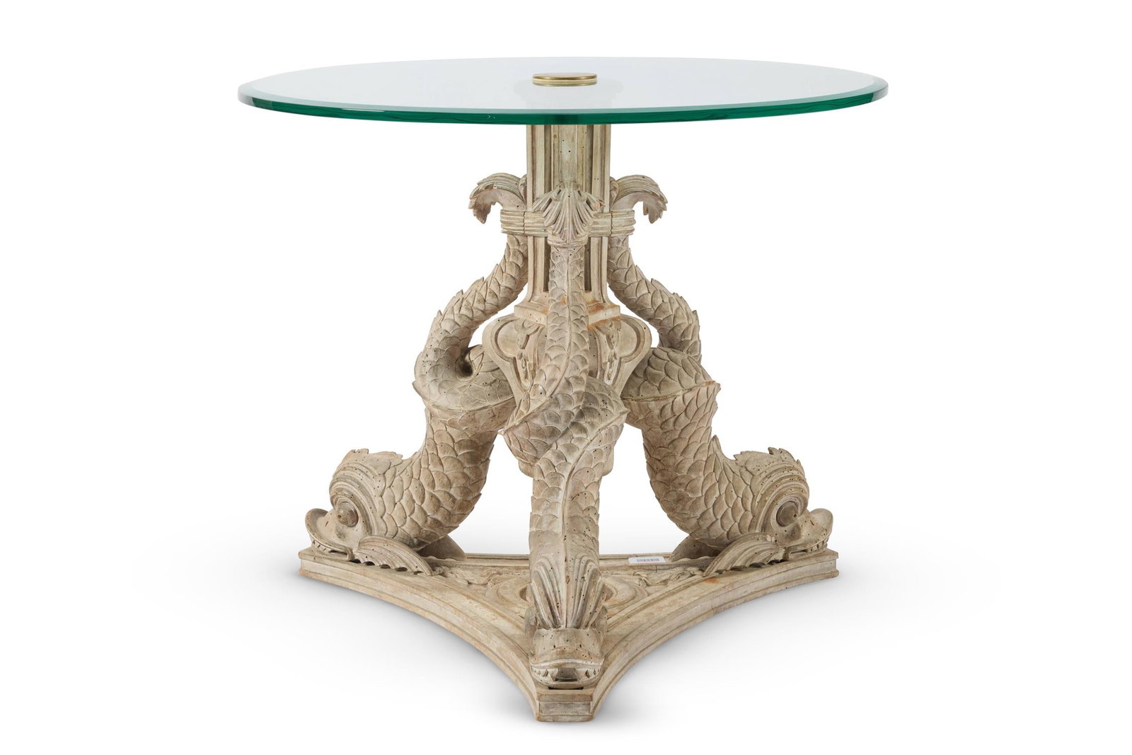 A GLASS AND CARVED BEECH CENTRE TABLE, 20TH CENTURY (1 of 3)