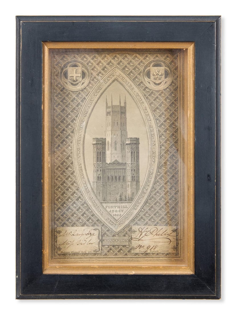 ENTRY TICKET TO THE FONTHILL ABBEY SALE OF 1823: ENTRY TICKET TO THE FONTHILL ABBEY SALE OF 1823 Engraving on toned cardsigned by the auctioneer Harry Phillips and numbered No 918 (lower right) and with inscription (on the reverse)18 x 11.5cm (7 x 4