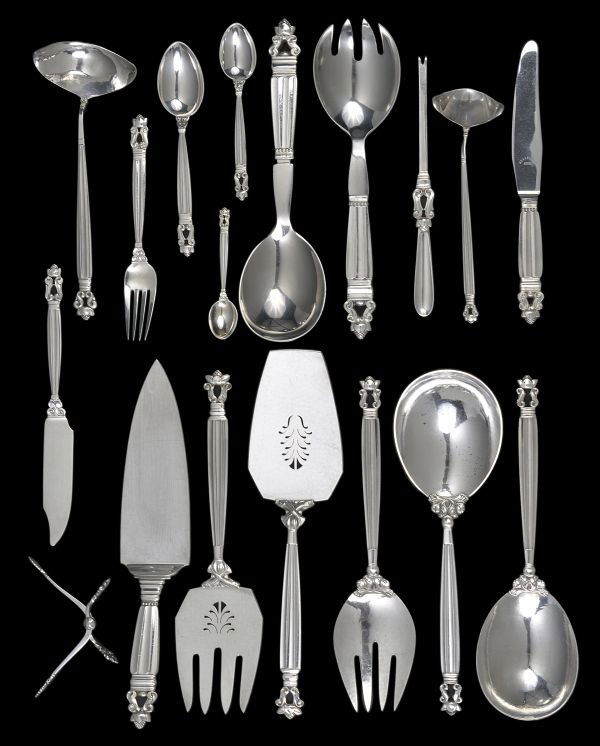 Johan Rohde for Georg Jensen Silversmithy, an exte: Johan Rohde for Georg Jensen Silversmithy, an extensive Danish silver Acorn (Konge) pattern table service for twelve, Copenhagen post 1945, a few pieces with import marks for London 1959, comprising:T