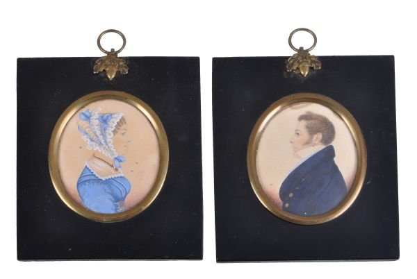 Attributed to J. H. Gillespie, circa 1820 Profile: Attributed to J. H. Gillespie, circa 1820 Profile portrait of a lady, bust length; Profile portrait of a gentleman, bust length Silhouette in watercolours, a pair 8cm x 6.5cm, ovals In a rectangular b
