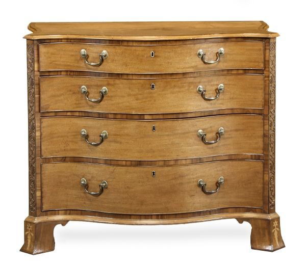 A George III mahogany and goncalo alves banded ser: A George III mahogany and goncalo alves banded serpentine chest of drawers, circa 1770, in the manner of Thomas Chippendale, the shaped , crossbanded and line inlaid top above four long graduated draw