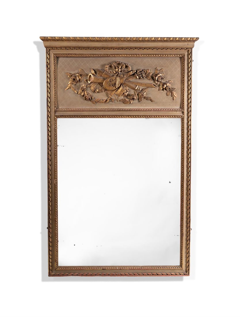 A GREY PAINTED AND PARCEL GILT OVERMANTEL OF LOUIS XVI STYLE: A GREY PAINTED AND PARCEL GILT OVERMANTELOF LOUIS XVI STYLE, LATE 19TH CENTURYThe panelled surround with ribbon and waterleaf borders, the rectangular plate surmounted by a panel centred by a large mu