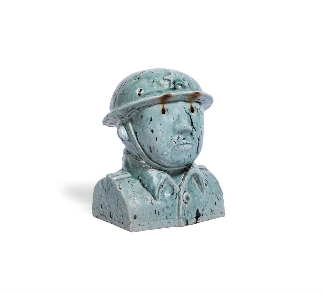 A CHINESE BLUE GLAZED BUST OF A RED ARMY SOLDIER, 20TH CENTURY (1 of 3)