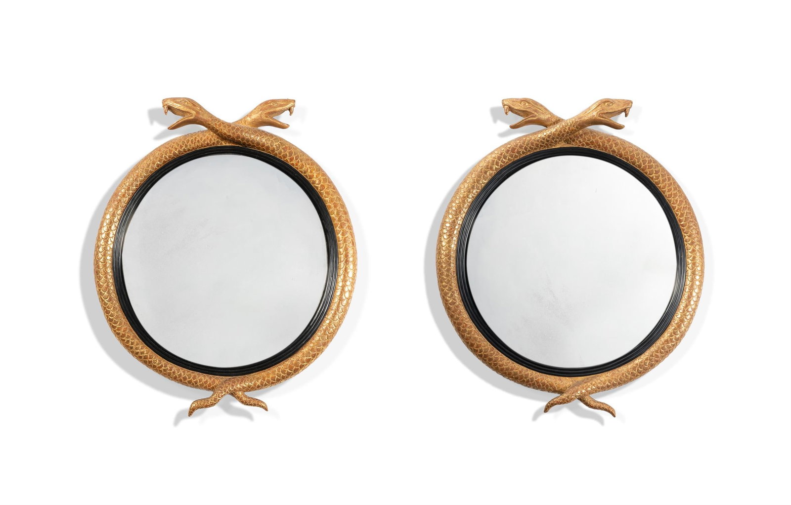 A PAIR OF GILTWOOD CONVEX MIRRORS, 19TH CENTURY: A PAIR OF GILTWOOD CONVEX MIRRORS19TH CENTURYEach with circular plate within a reeded ebonised slip framed by two serpents with imbricated bodies and entwined heads61cm high, 52cm diameter Provenance: