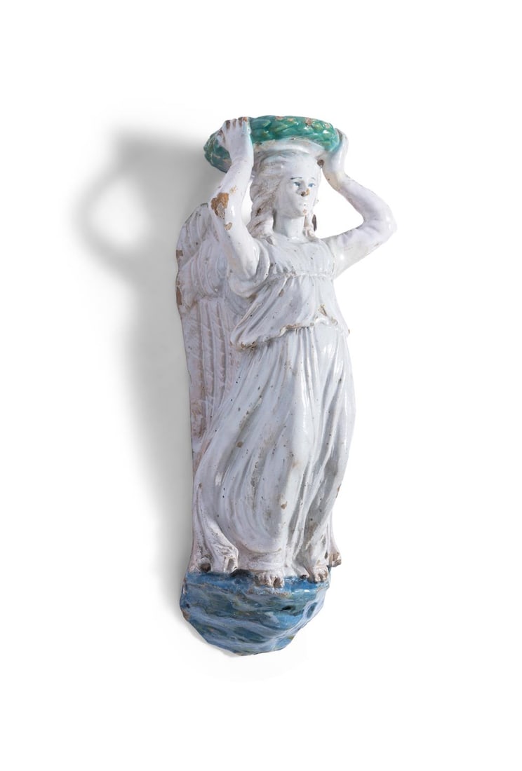 A MAIOLICA WALL FITTING IN DELLA ROBBIA STYLE AND MODELLED AS A WINGED ANGEL, ITALIAN, 19TH CENTURY (1 of 3)