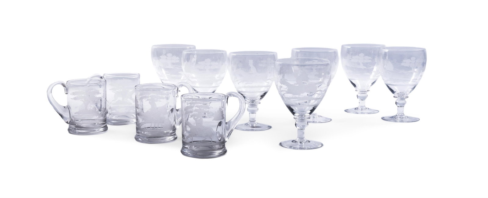SEVEN GLASS RUMMERS ENGRAVED WITH HUNTING SCENES, SECOND QUARTER 20TH CENTURY (1 of 3)
