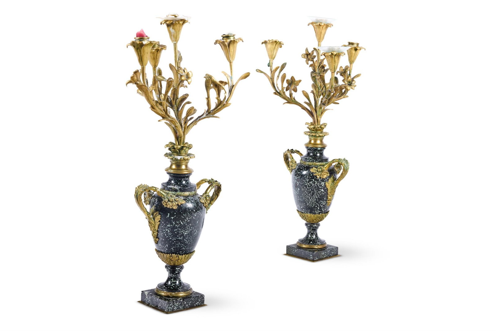 A PAIR OF ORMOLU MOUNTED BLACK MARBLE FOUR LIGHT CANDELABRA OF LOUIS XVI STYLE (1 of 2)